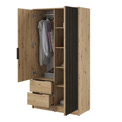 Wooden wardrobe with open doors showing clothes and shelves on a white background
