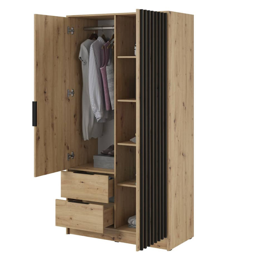 Wooden wardrobe with open doors showing clothes and shelves on a white background
