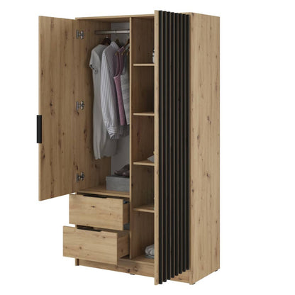 Wooden wardrobe with open doors showing clothes and shelves on a white background