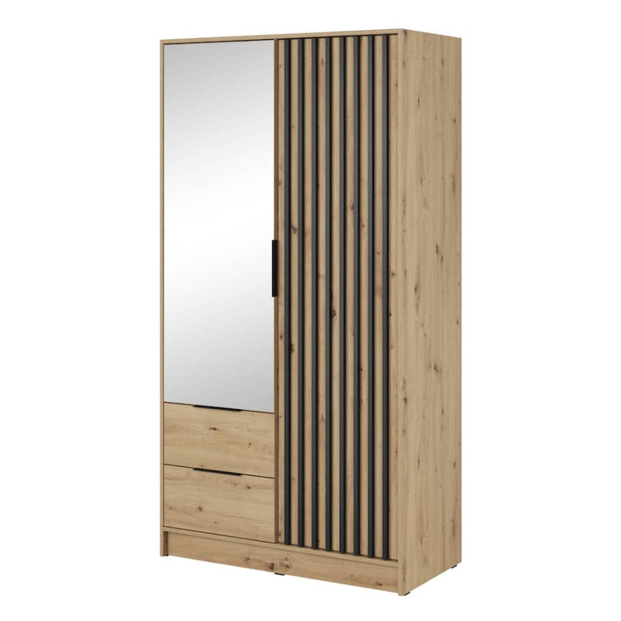 Wooden wardrobe with mirror and striped design on a white background