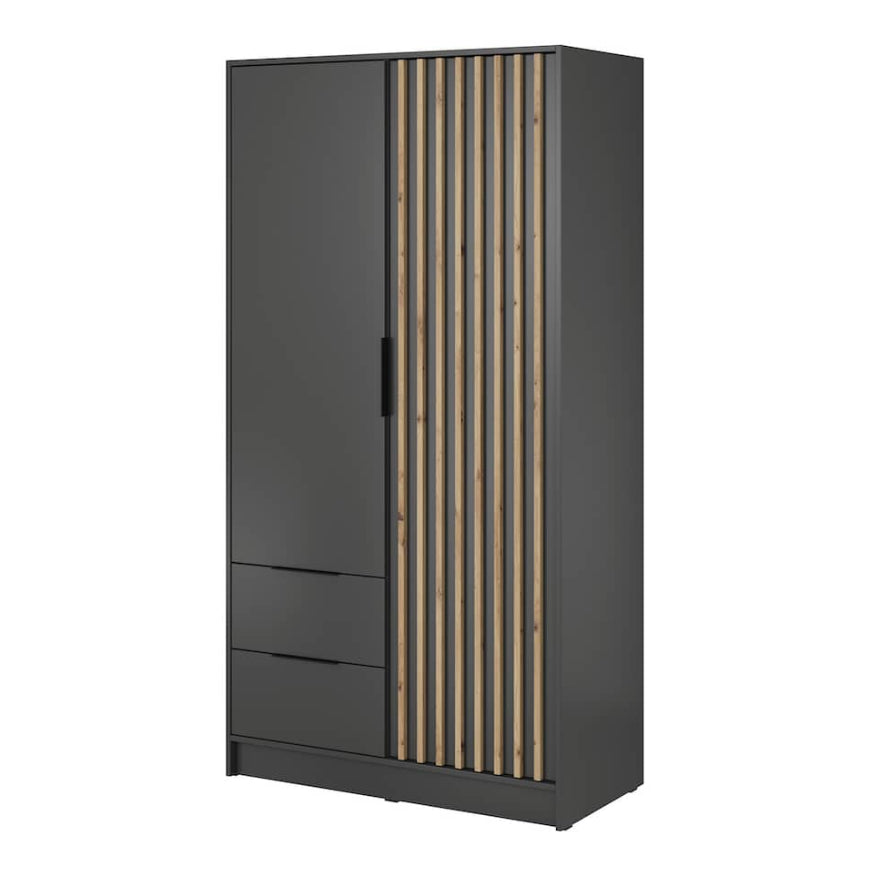 Black wardrobe with wooden slat design on a white background