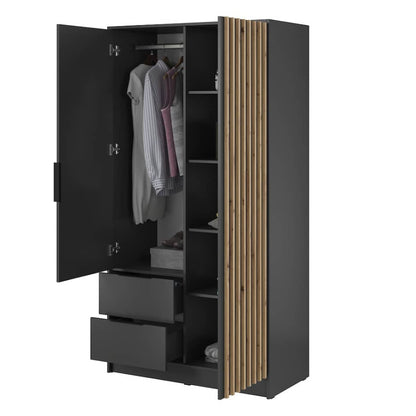Black wardrobe with open doors showing clothes and shelves on a white background