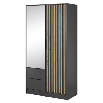 Black wardrobe with mirror and striped design on a white background