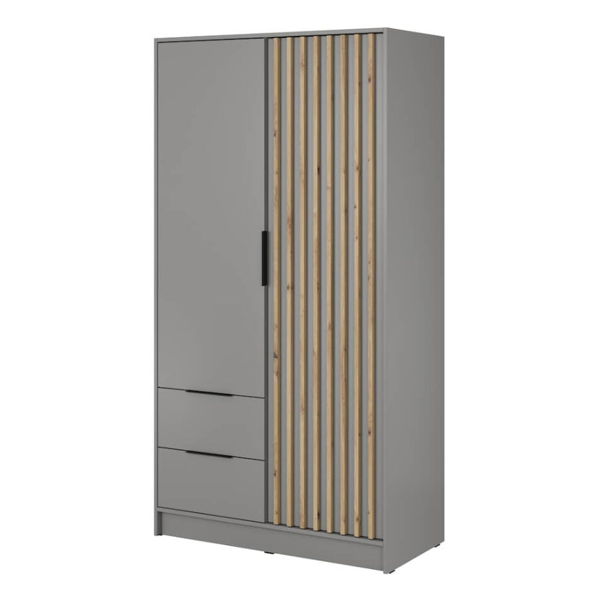 Gray wardrobe with wooden panel design on a white background