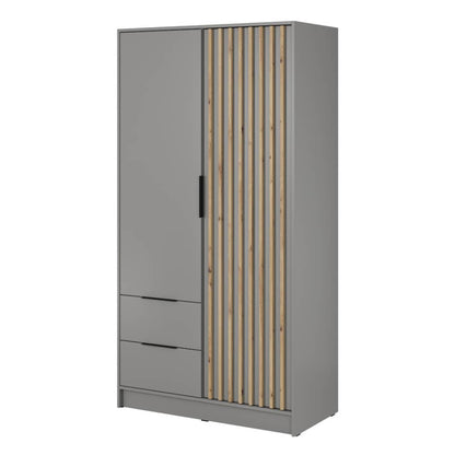 Gray wardrobe with wooden panel design on a white background