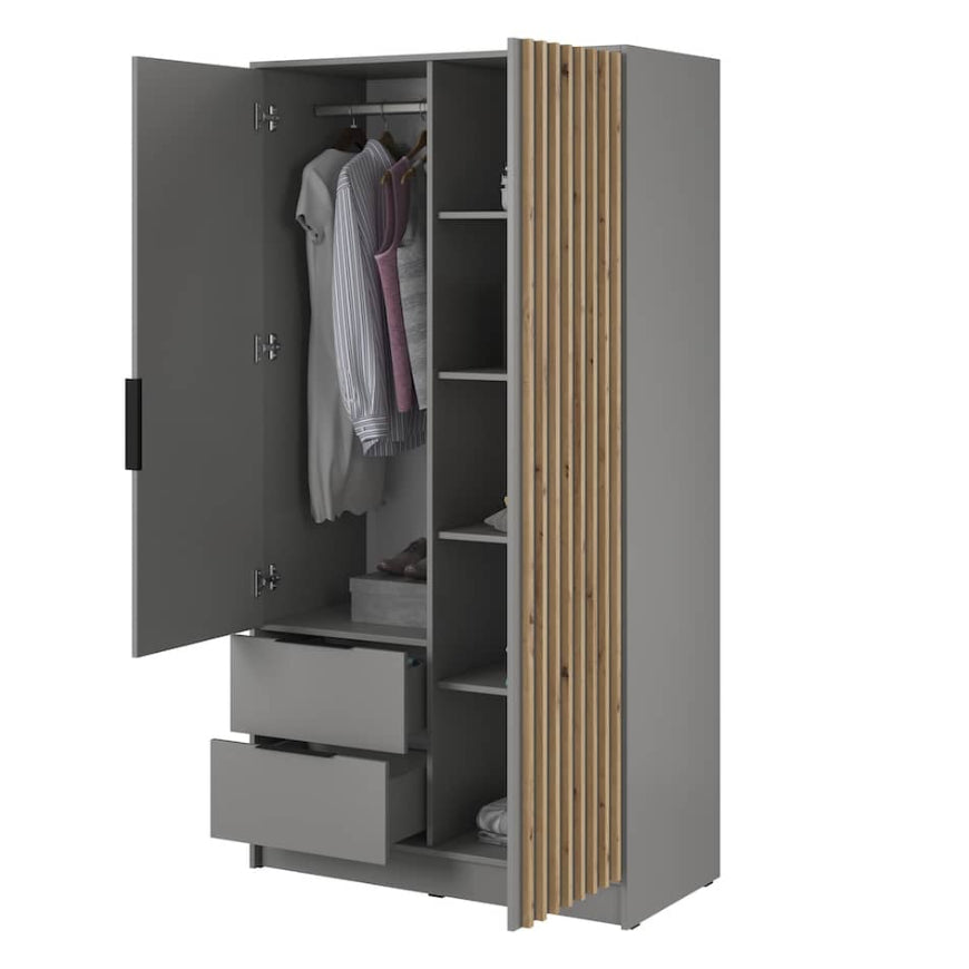 Gray wardrobe with open doors showing clothes and shelves on a white background