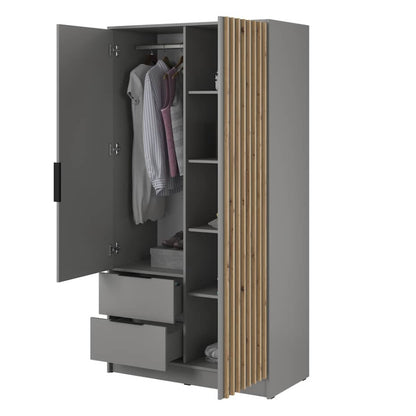Gray wardrobe with open doors showing clothes and shelves on a white background