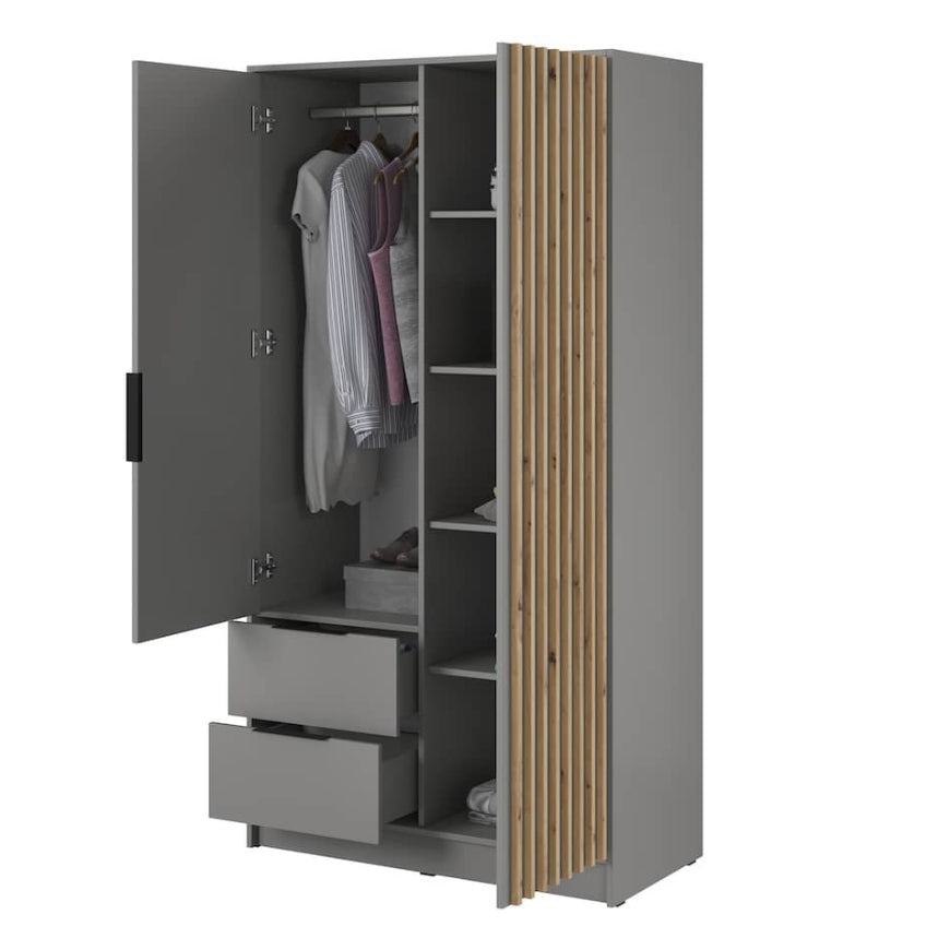 Gray wardrobe with open doors showing clothes and shelves on a white background