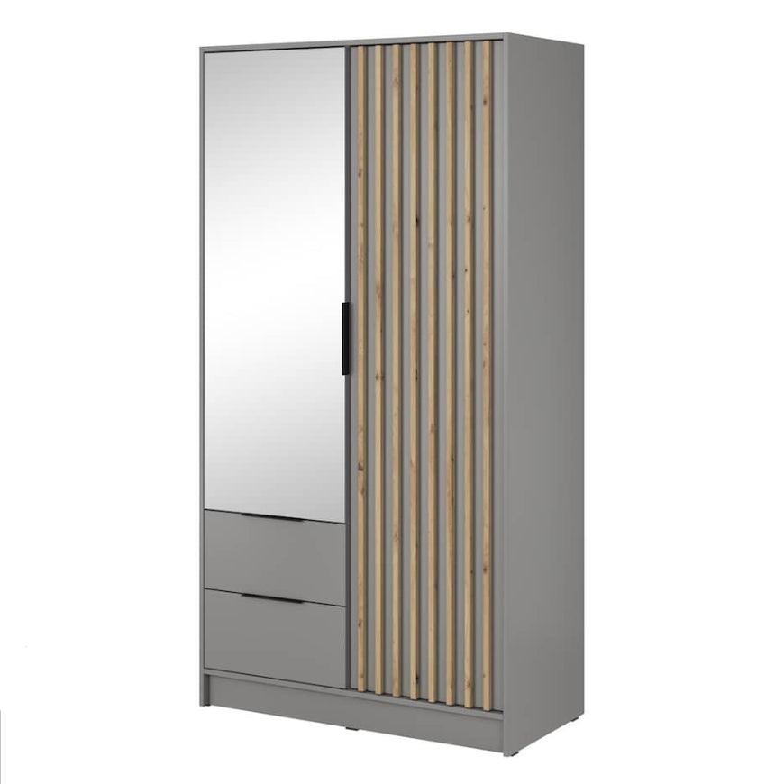 Gray wardrobe with a mirror and wooden slat design on a white background