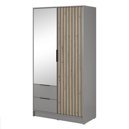 Gray wardrobe with a mirror and wooden slat design on a white background