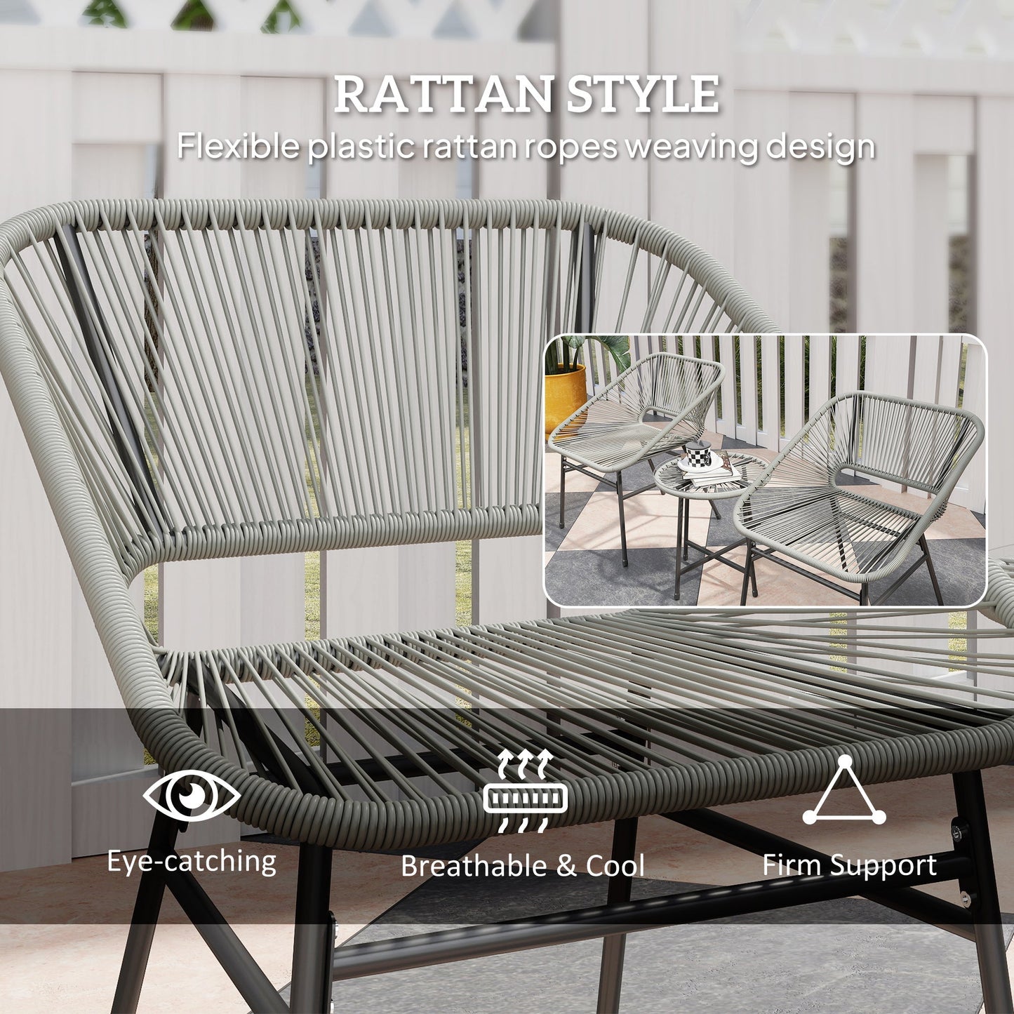 Outsunny 3 Pieces Rattan Bistro Set, Wicker Small Garden Table and Chairs Set with Cushions and Glass Top Coffee Table, Bistro Garden Furniture Set for Outdoor, Patio, Balcony, Light Grey