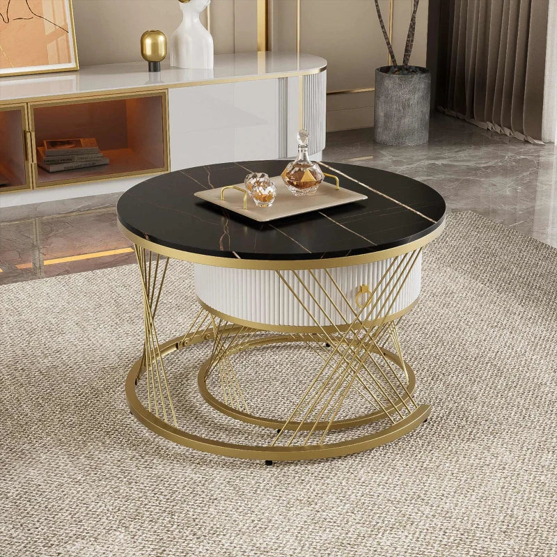 Elegant Nesting Coffee Table Set, Marble Look with Gold Decor, Side Tables for Living Room with Drawers - 70x70x45 cm + 50x50x40 cm, Black