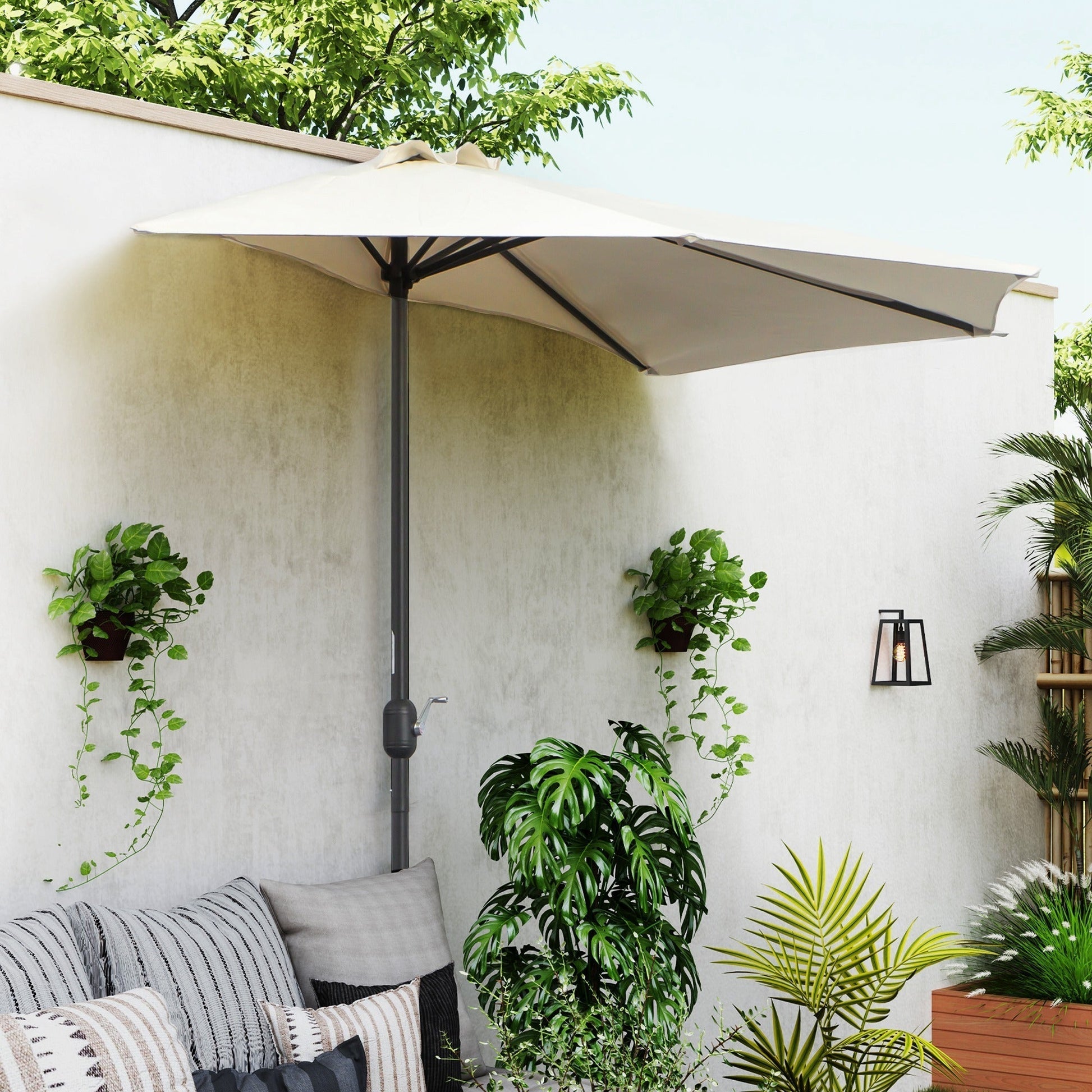 half patio umbrella uk PHI VILLA 2.5x1.3m Parasol with Clamp, Height Adjustable Umbrella, Space Saving Rectangle Garden Parasol, Sun Shade UV50+ Protection for Garden Balcony, Beige Garden Outsunny 2m Half Garden Parasol