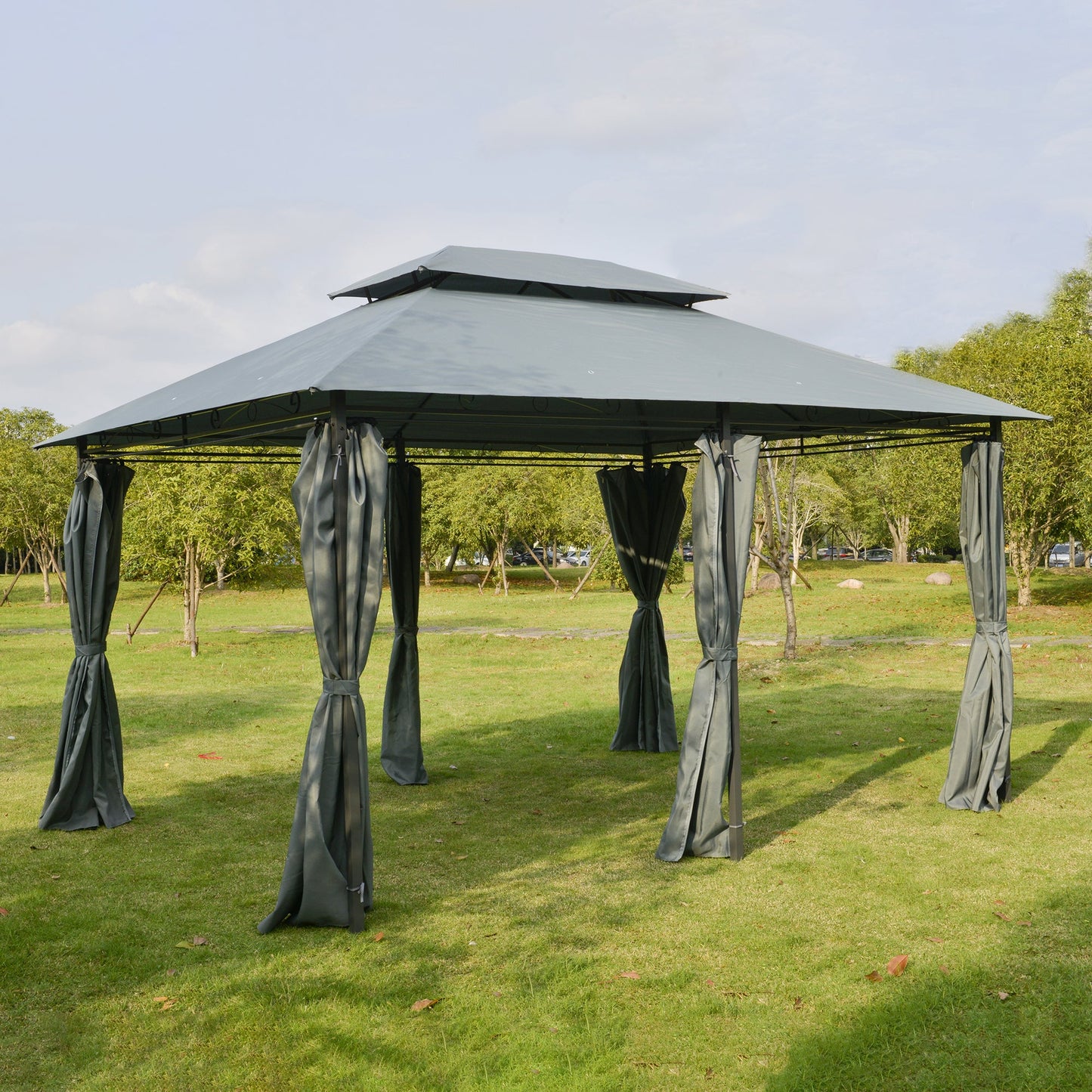 10 x 13ft Outdoor 2-Tier Steel Frame Gazebo with Curtains Outdoor Backyard, Black/Grey