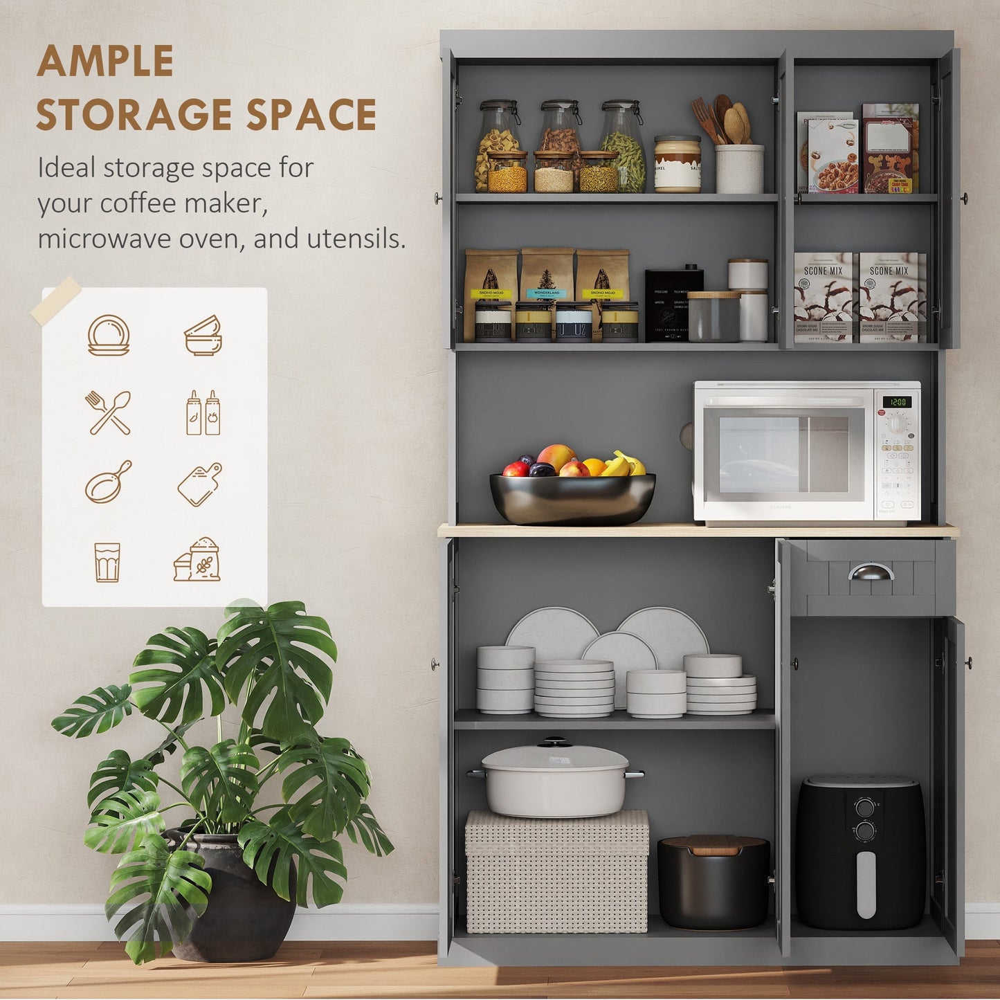 HOMCOM 180cm Freestanding Kitchen Cabinet, Modern Storage Cupboard with Open Countertop, Drawer and 6 Doors, Grey