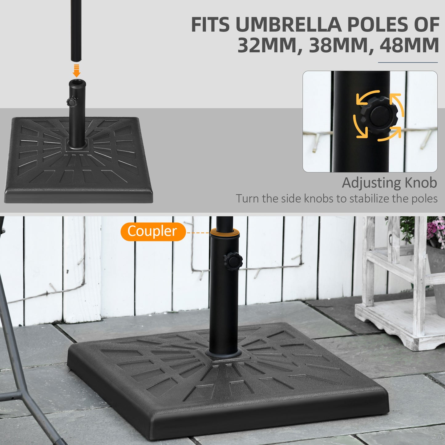 Outsunny 19kg Resin Garden Parasol Base Holder, Square Outdoor Market Umbrella Stand Weight for Poles of Î¦32mm, Î¦38mm, and Î¦48mm, Black