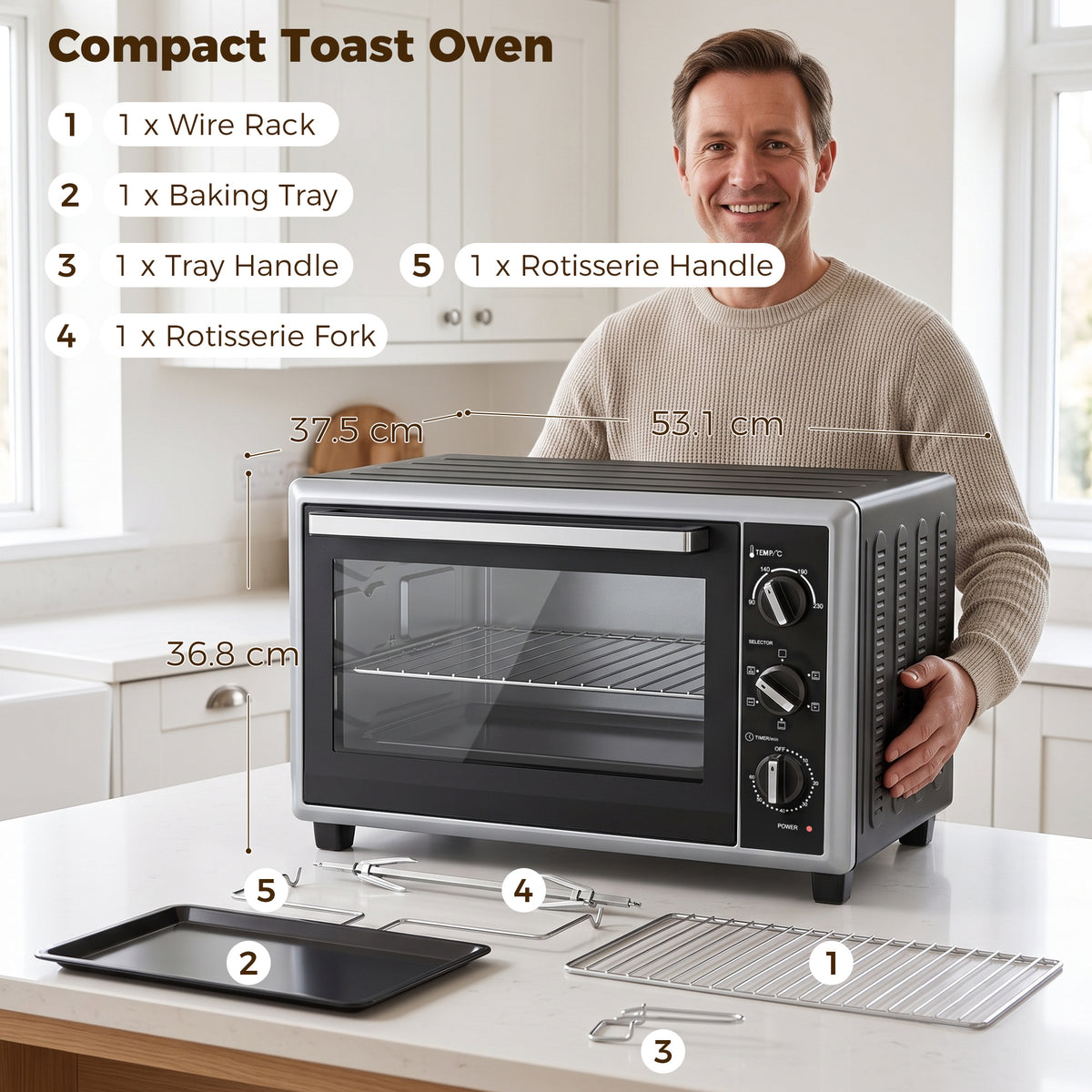 HOMCOM 36L Mini Oven with Convection, Electric Countertop Cooker with Rotisserie, 90-230°C Adjustable Temperature, 1500 W
