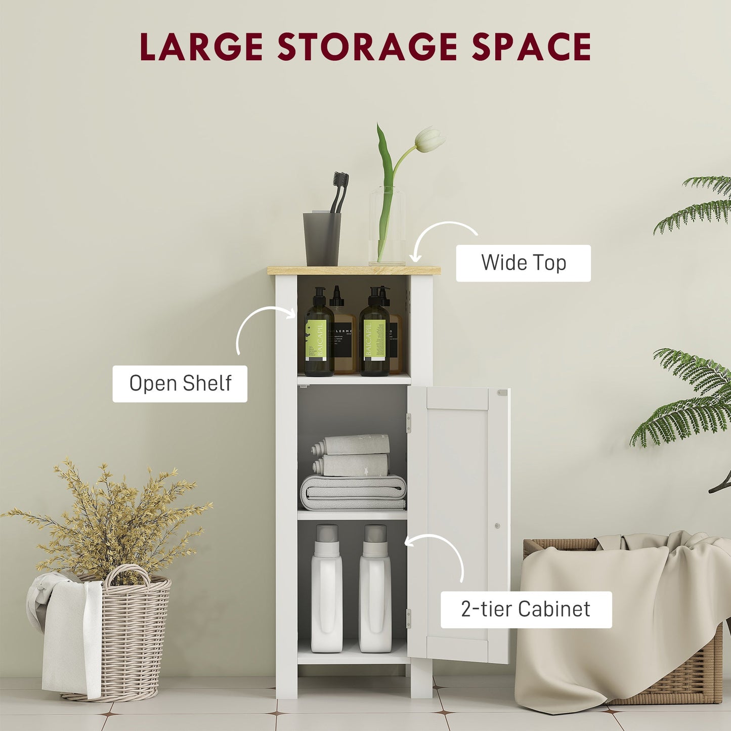 kleankin Slim Bathroom Storage Unit with Open Shelf, Bathroom Storage Cabinet with Adjustable Shelf, 32 x 30 x 80 cm, White