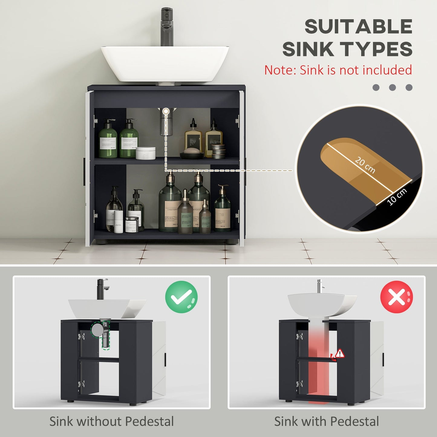 kleankin Under Sink Bathroom Cabinet, Bathroom Vanity Unit, Basin Storage Cupboard with Double Doors and Shelf, 10W x 20Dcm "U" Cut-Out, Light Grey