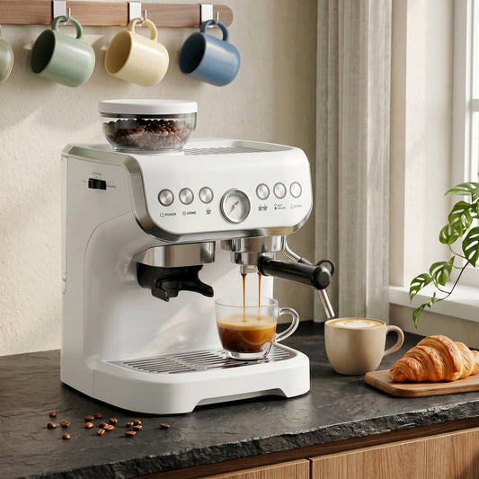 HOMCOM Bean to Cup Coffee Machine, Espresso Machine with Integrated Bean Grinder & Steam Wand, White