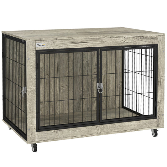 PawHut Dog Crate Furniture with Wheels, Double Doors, for Large Dogs, Grey