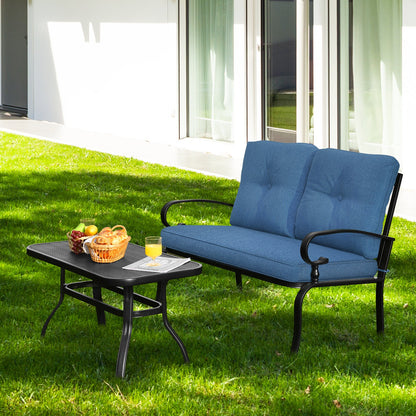 Garden Furniture Set with 2 Seat Cushioned Sofa and Coffee Table-Navy