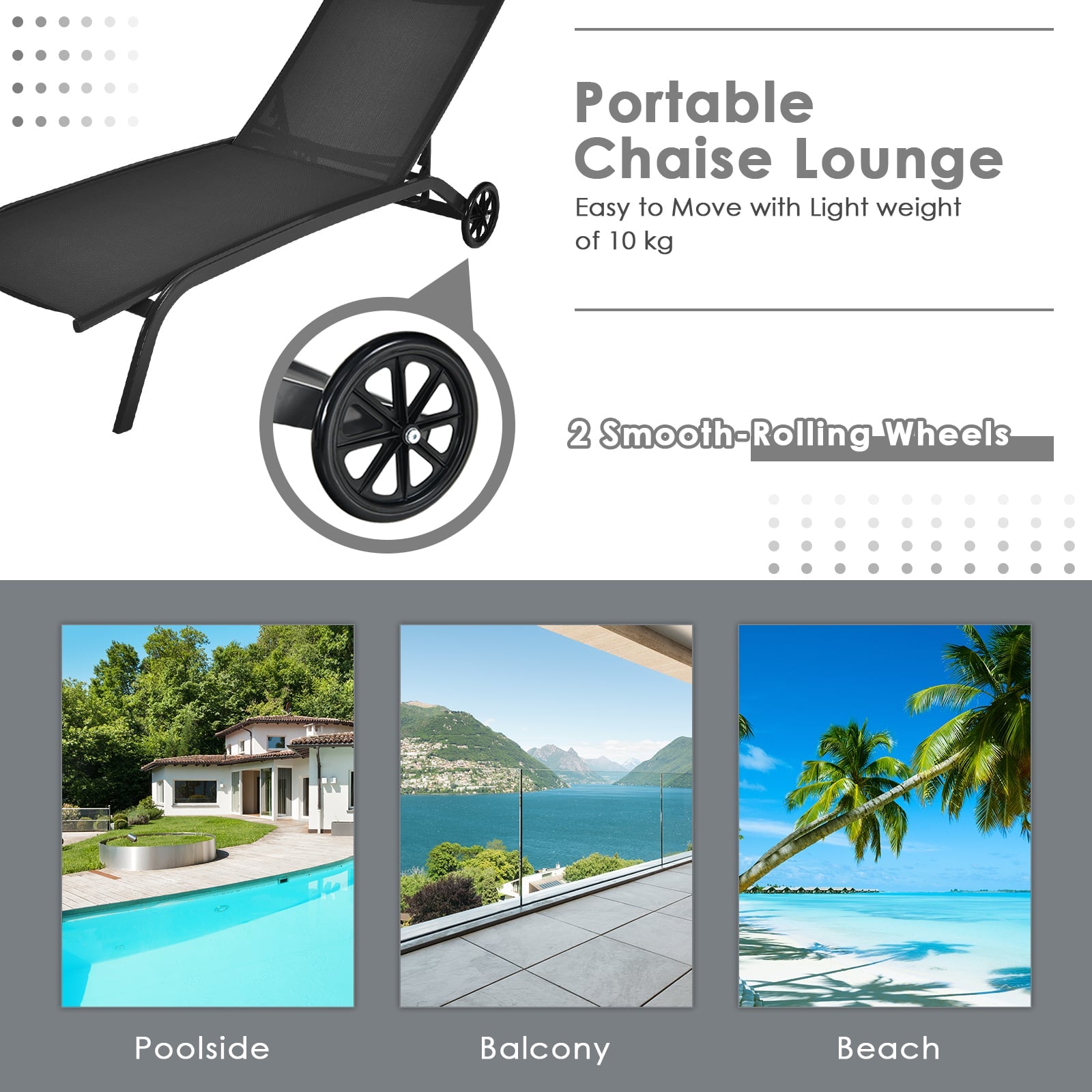 Adjustable Chaise Lounge with Smooth Wheels and Quick-drying Fabric-Black