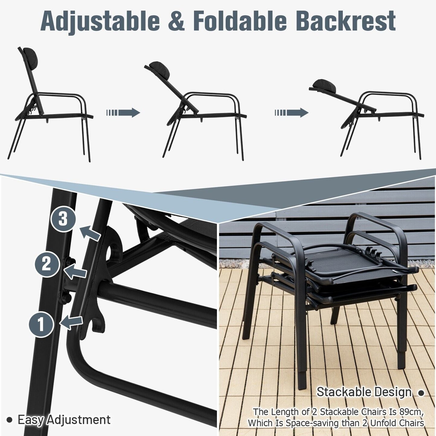 3 Pieces Patio Bistro Set with Coffee Table and 2 Stackable Chairs-Black