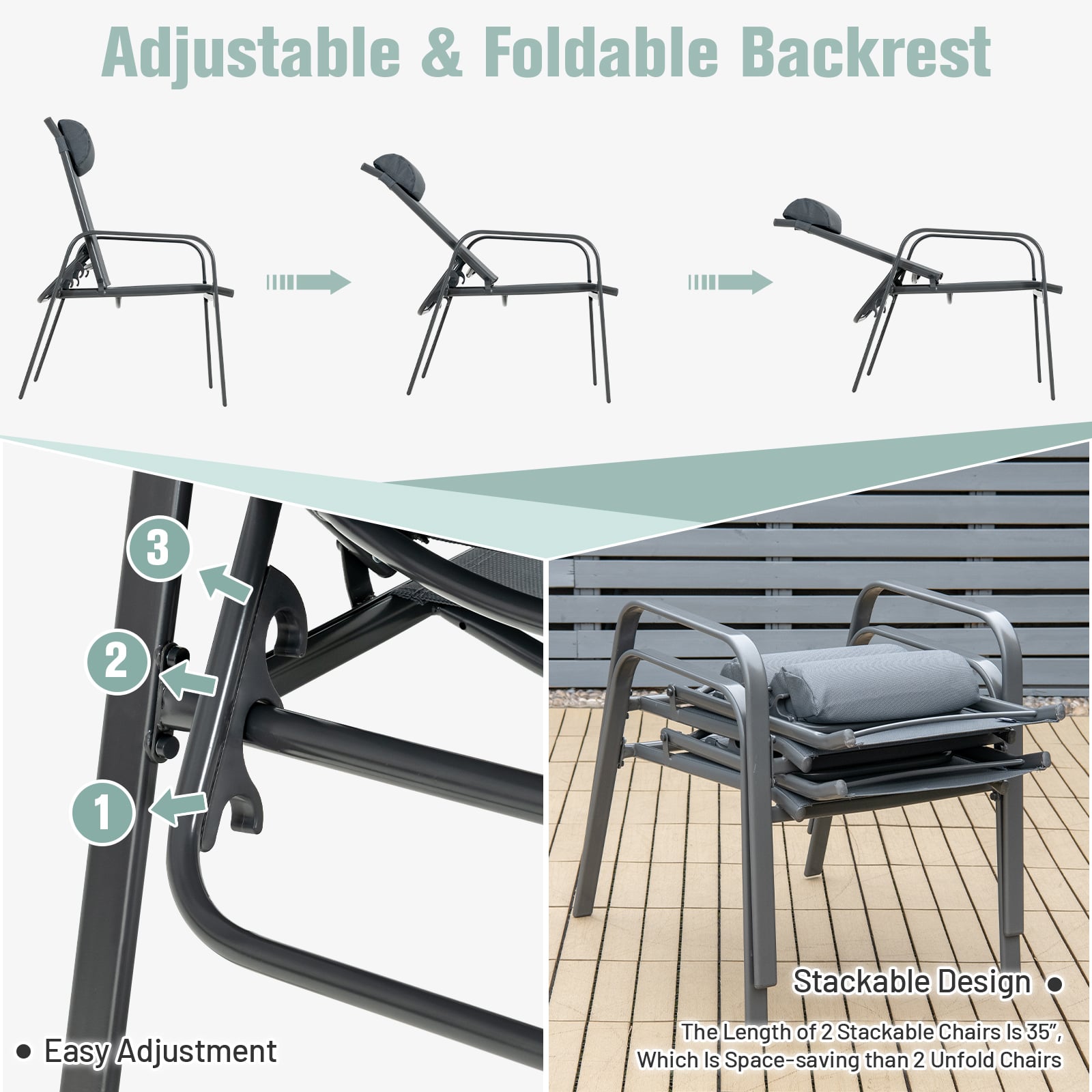 3 Pieces Patio Bistro Set with Coffee Table and 2 Stackable Chairs-Grey