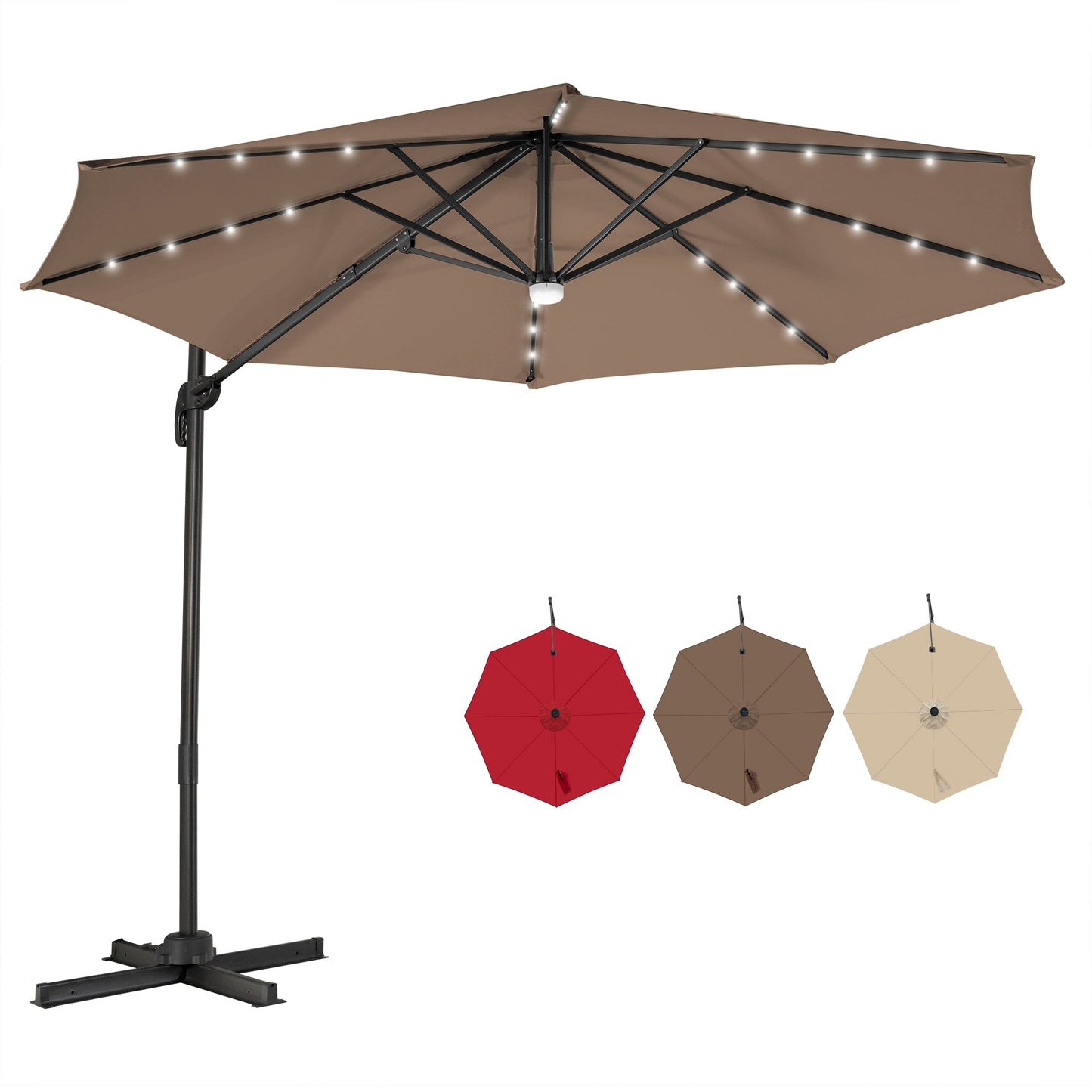 10 Feet Cantilever Solar Umbrella 28LED Lighted Patio Offset Tilt 360° for Outdoor-Brown