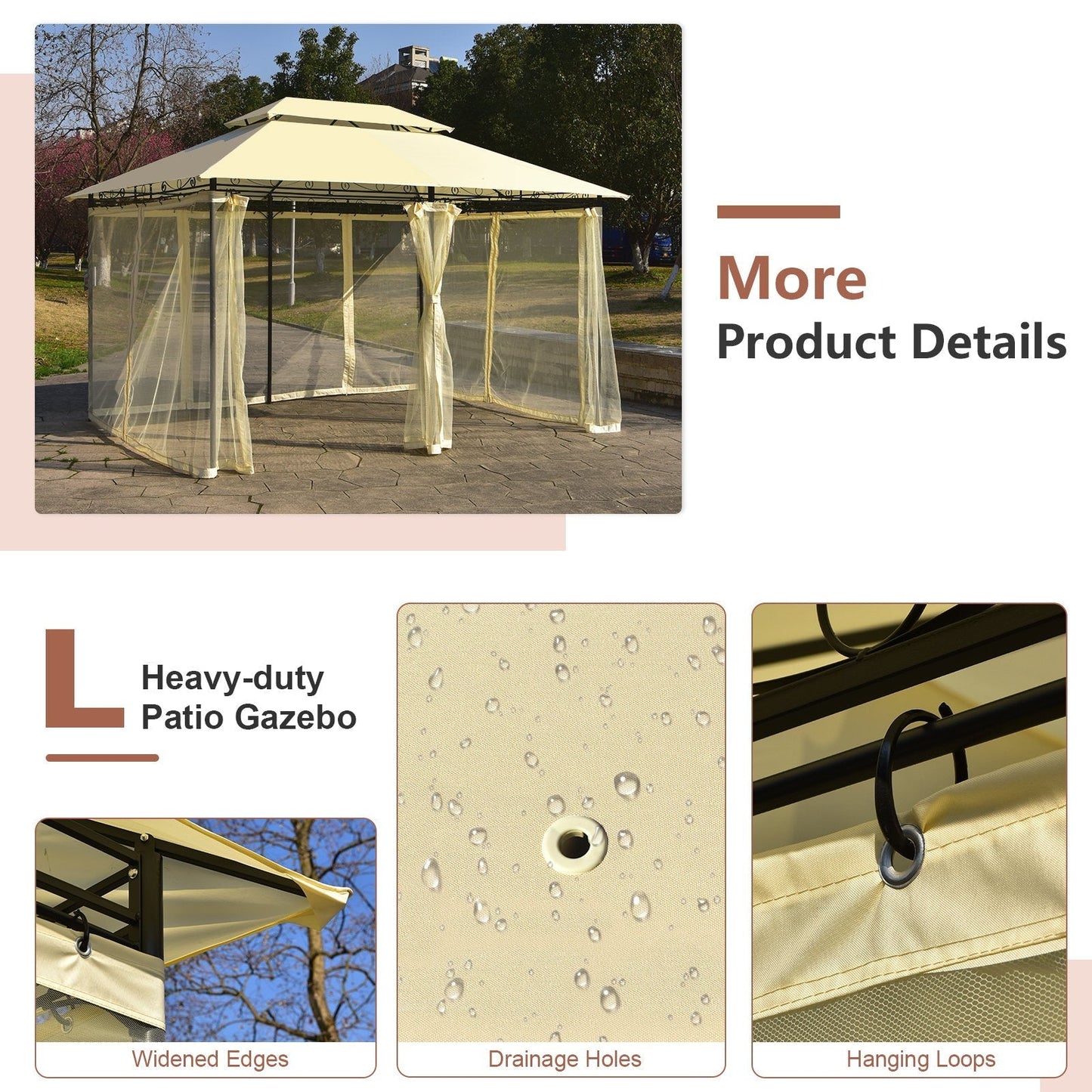 Garden Gazebo with Removable Mesh Side Walls for Patio Backyard -Beige