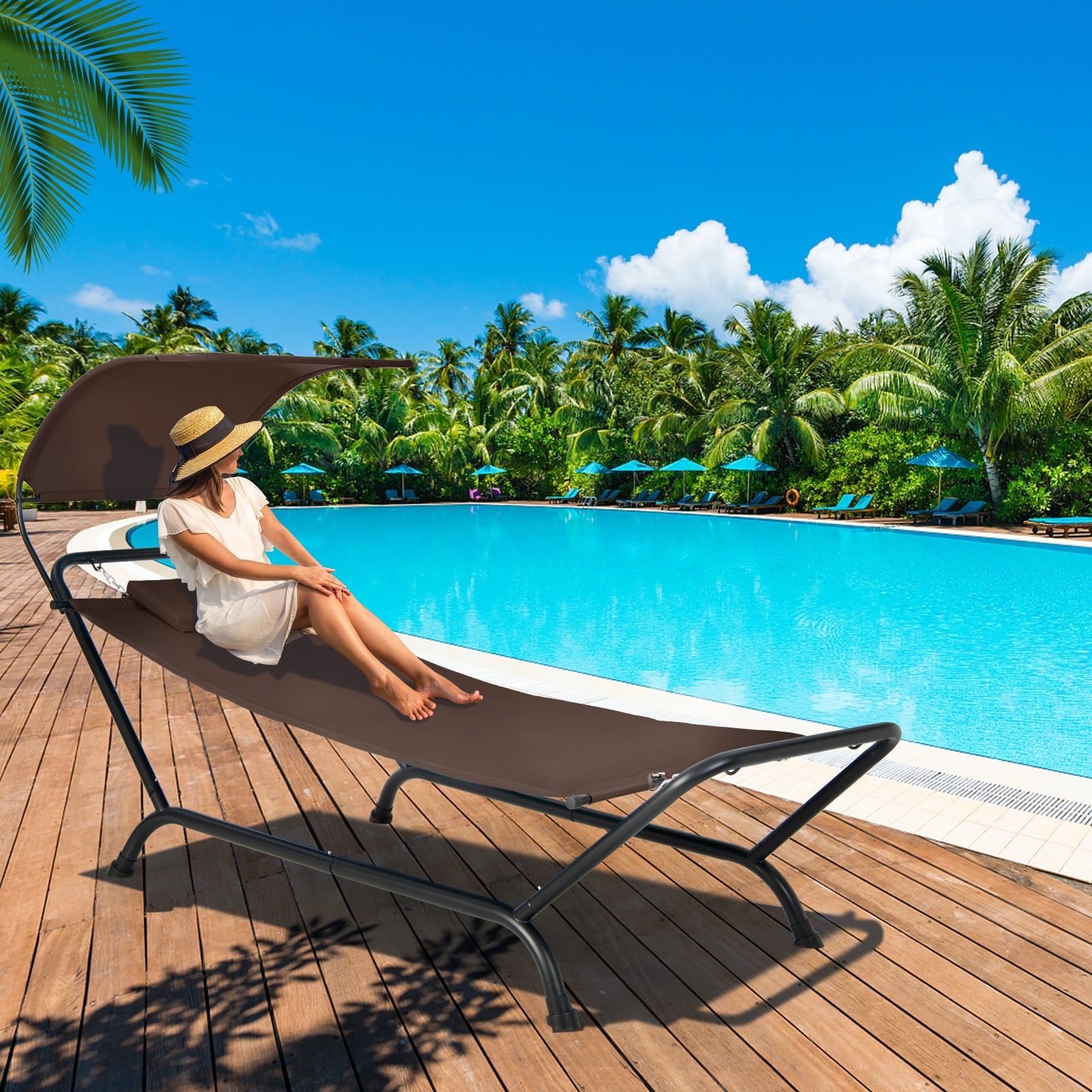 Outdoor Hammock with Stand Cushion and Canopy for Garden Lawn-Coffee