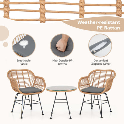  3 Piece Patio Rattan Set with 2 Cushioned Chairs and Tempered Glass Table-Gray