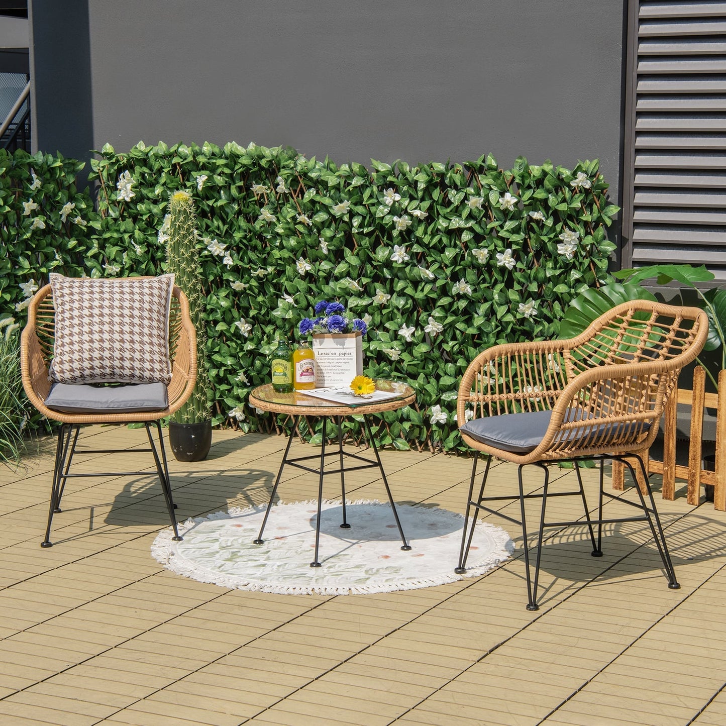  3 Piece Patio Rattan Set with 2 Cushioned Chairs and Tempered Glass Table-Gray
