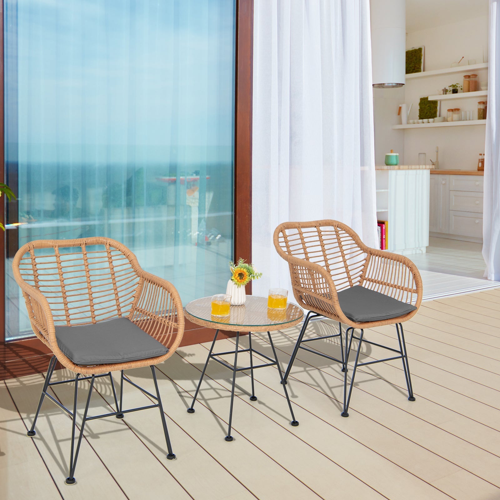  3 Piece Patio Rattan Set with 2 Cushioned Chairs and Tempered Glass Table-Gray