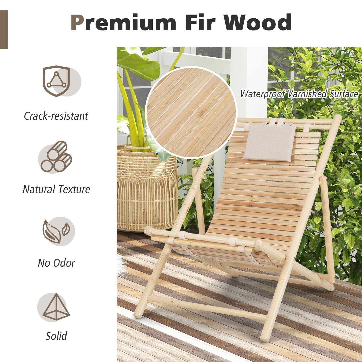 Reclining Lounger with 3 Adjustable Positions and Cushioned Headrest-Natural