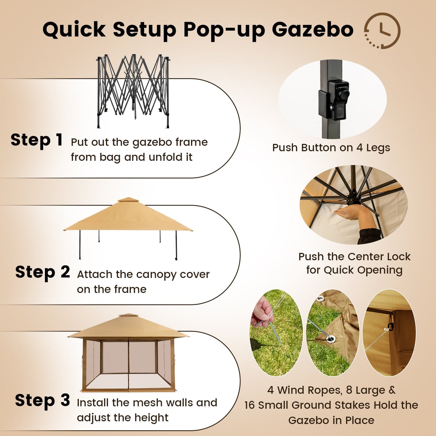4 x 4m Pop-up Gazebo with Mesh Sidewalls and Adjustable Height-Brown