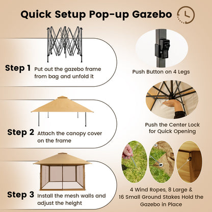 4 x 4m Pop-up Gazebo with Mesh Sidewalls and Adjustable Height-Brown
