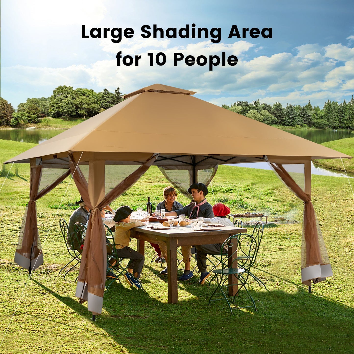 4 x 4m Pop-up Gazebo with Mesh Sidewalls and Adjustable Height-Brown