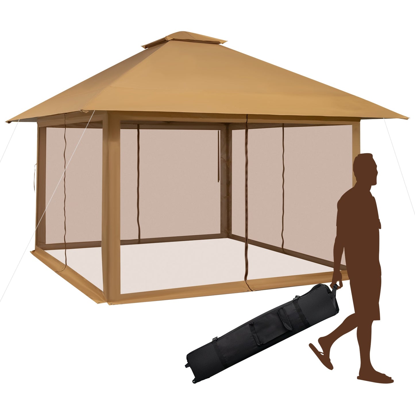 4 x 4m Pop-up Gazebo with Mesh Sidewalls and Adjustable Height-Brown
