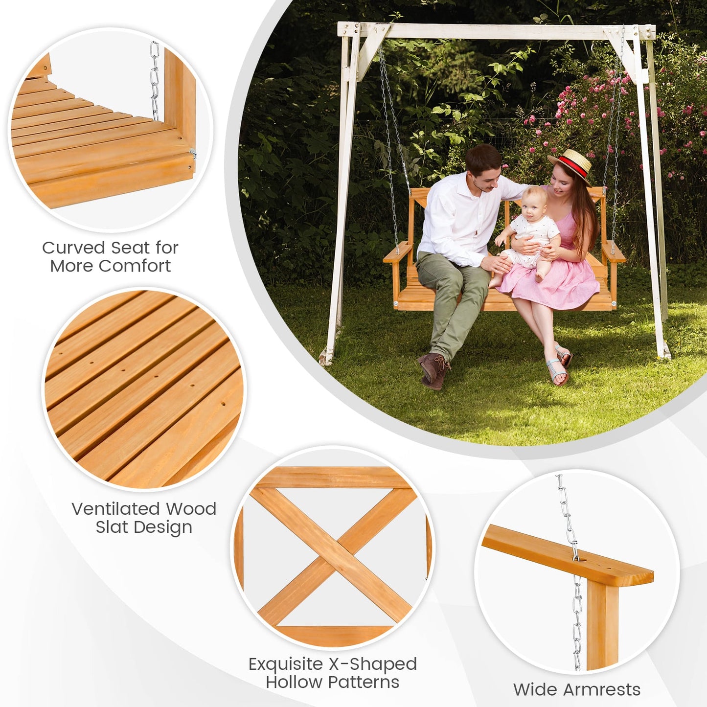 2-Person Porch Swing Chair with Adjustable Chains-Natural