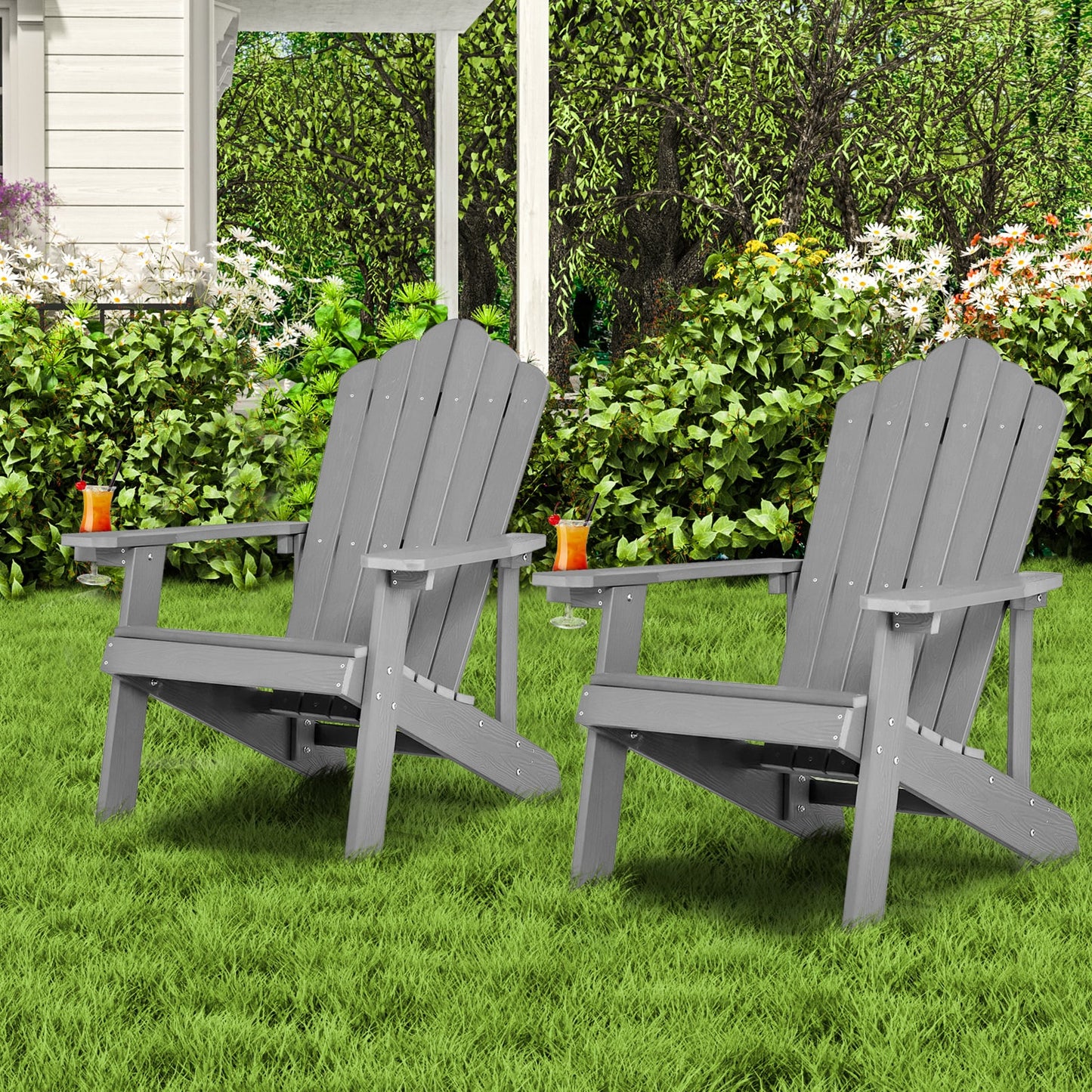 Adirondack Chair with Movable Cup Holder for Fire Pit Beach Deck -Grey