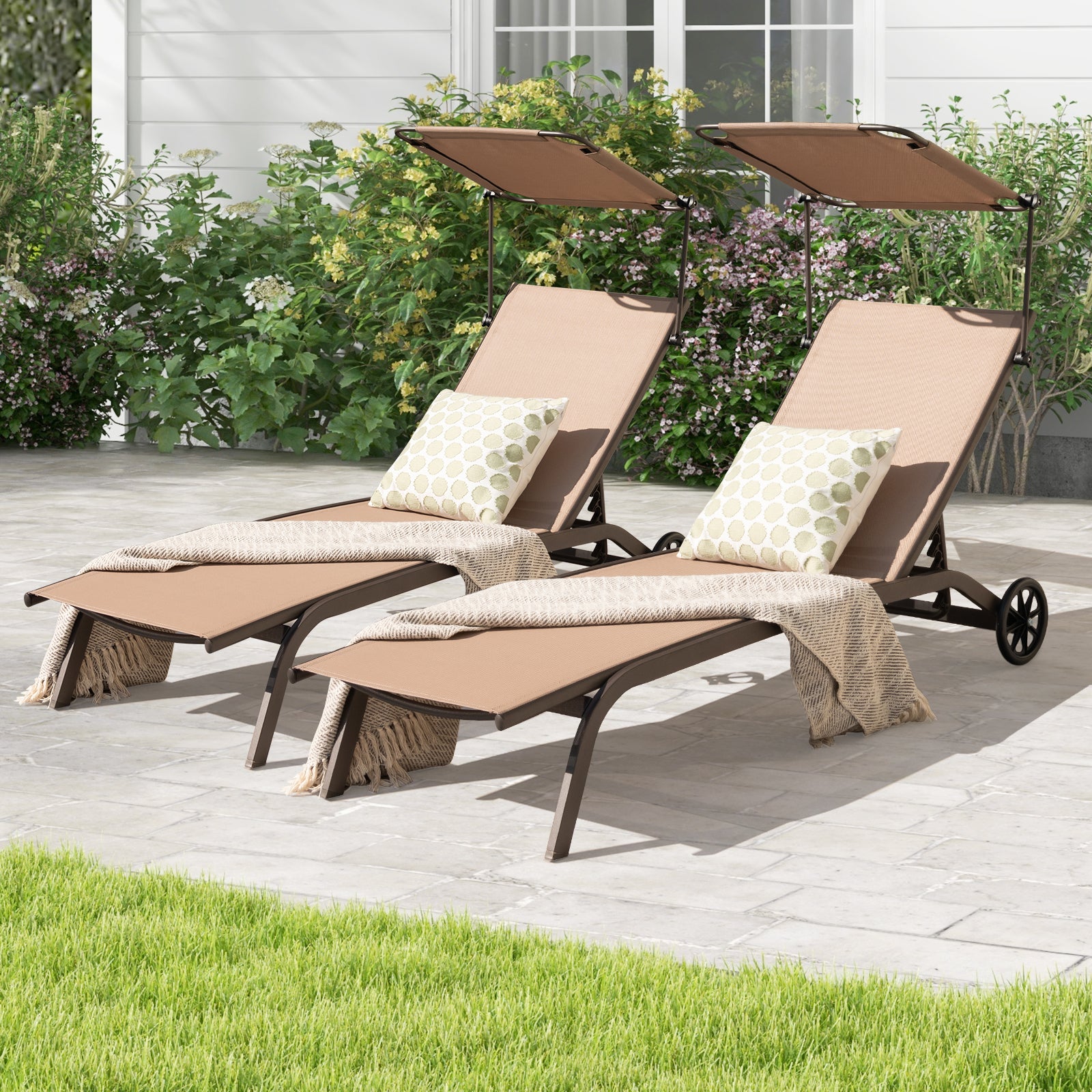 Patio Chaise Lounge Chair with Wheels and Adjustable Canopy-Brown