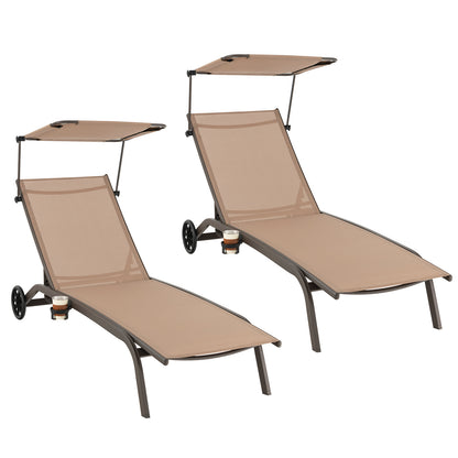 Patio Chaise Lounge Chair with Wheels and Adjustable Canopy-Brown
