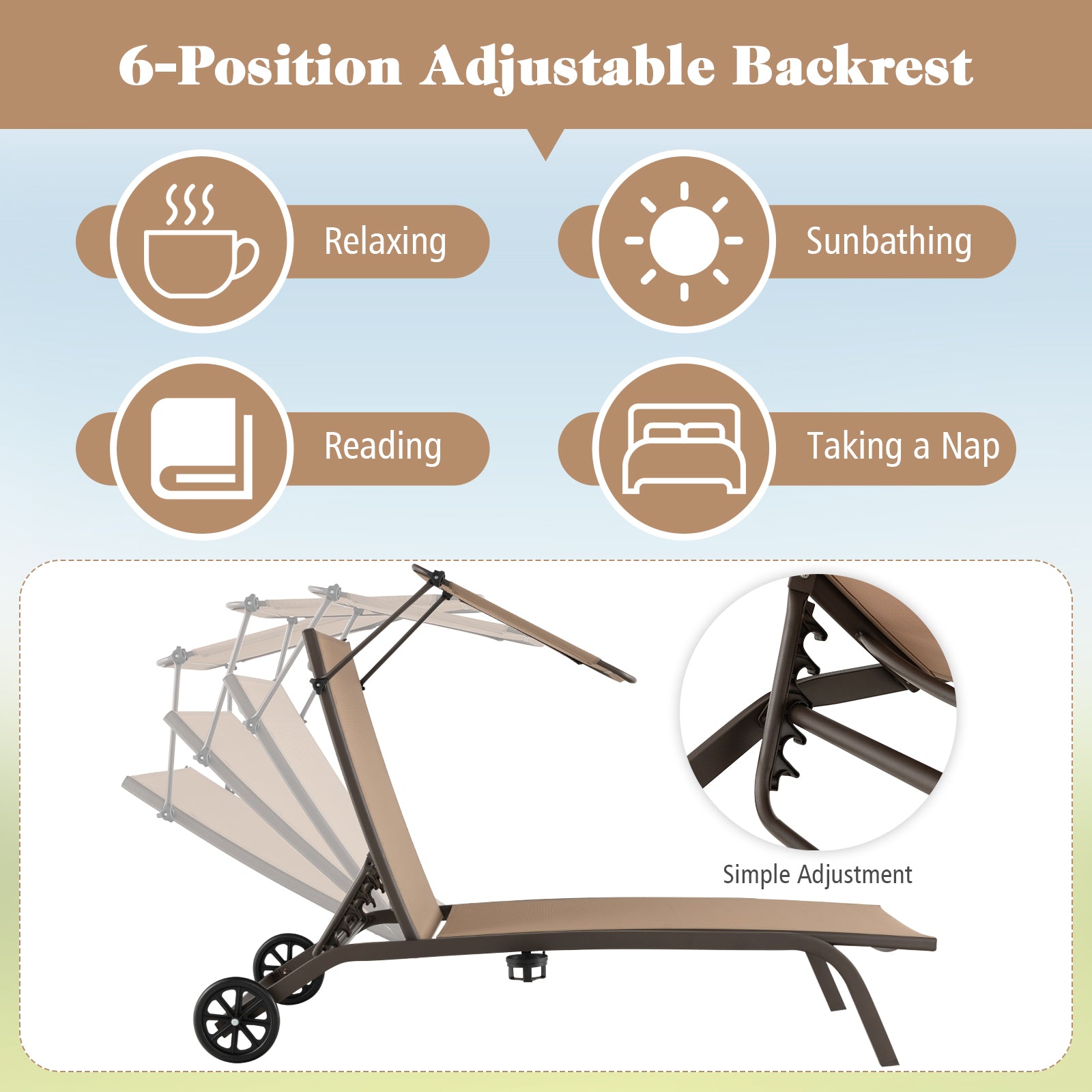 Patio Chaise Lounge Chair with Wheels and Adjustable Canopy-Brown