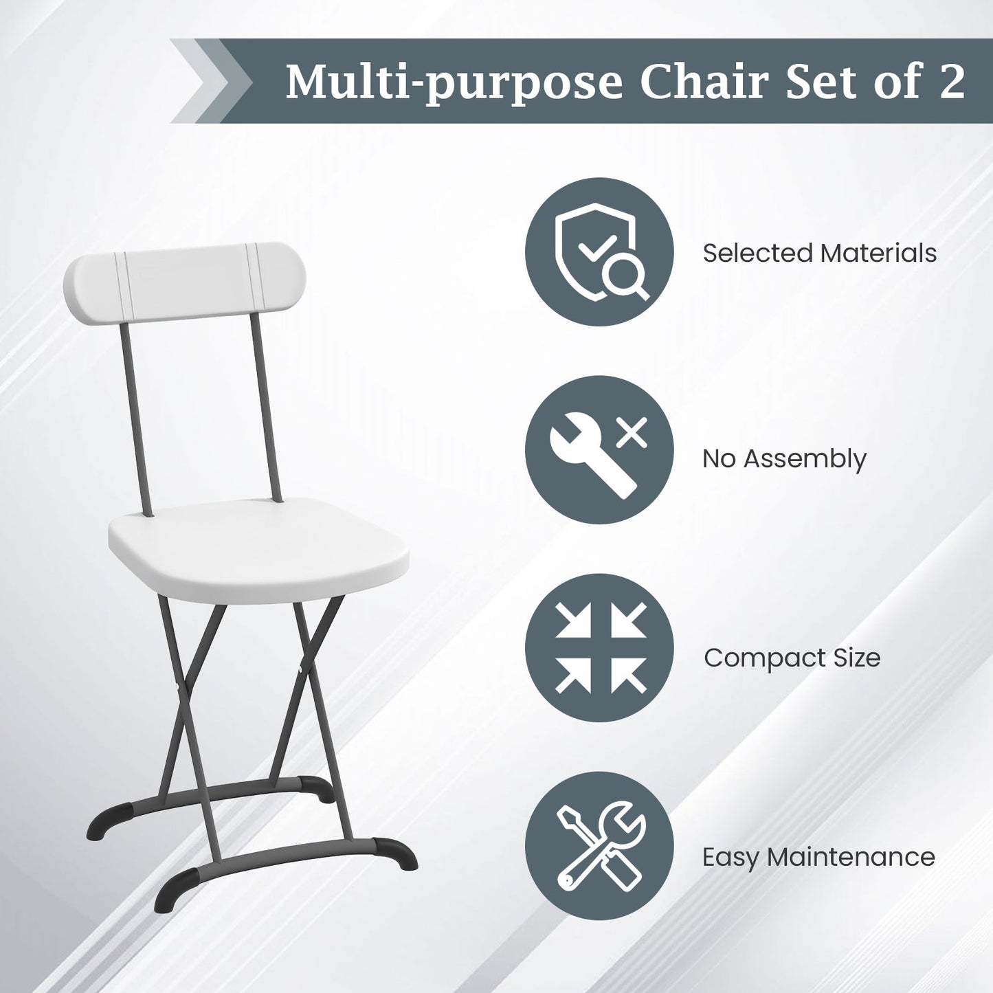Indoor and Outdoor Metal Folding Stool with Sturdy Frame and Ergonomic Backrest-White