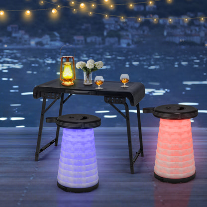 3-Piece Folding Table Stool Set with a Camping Table and 2 Retractable LED Stools-Black