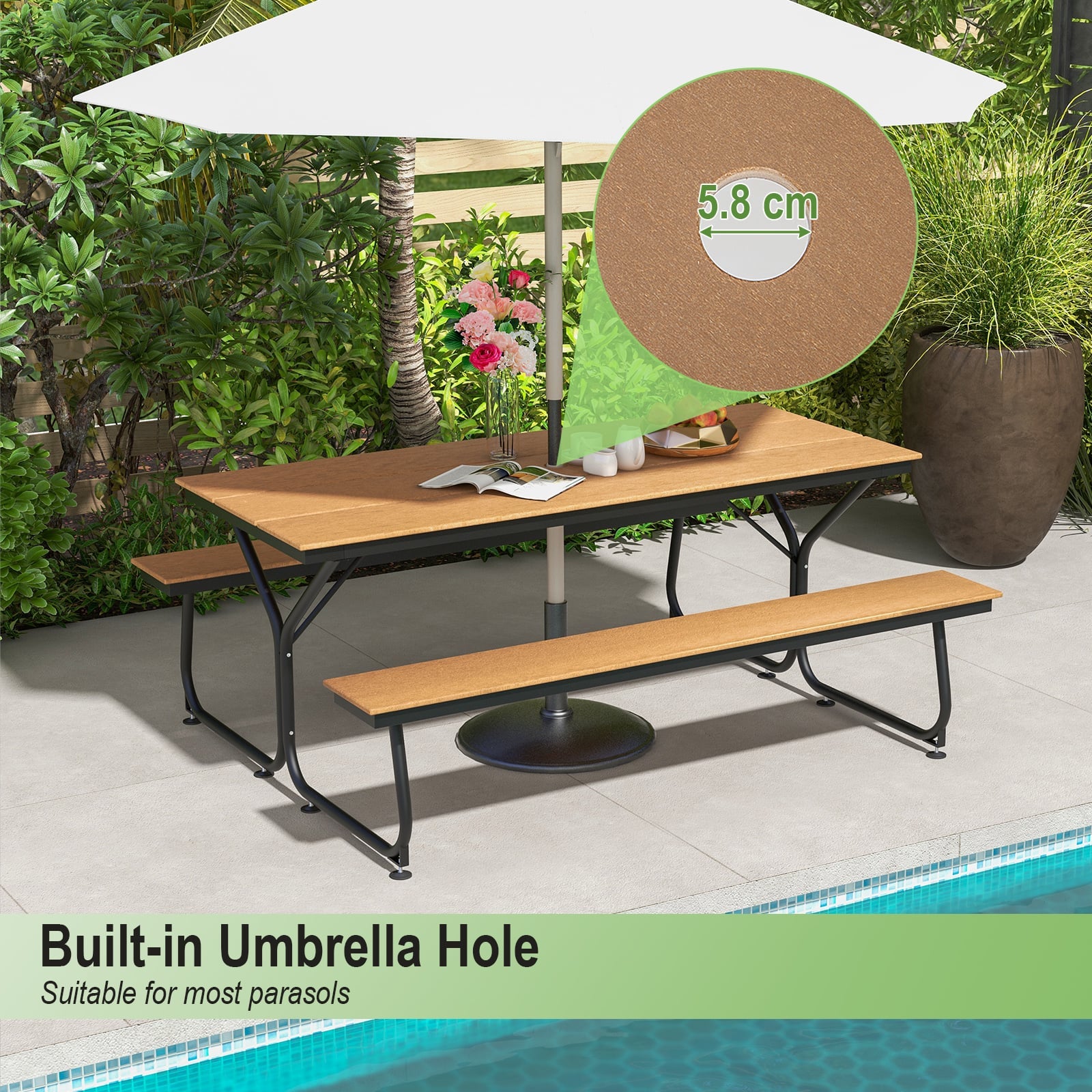 Outdoor Picnic Table Bench Set for 6-8 People-Brown