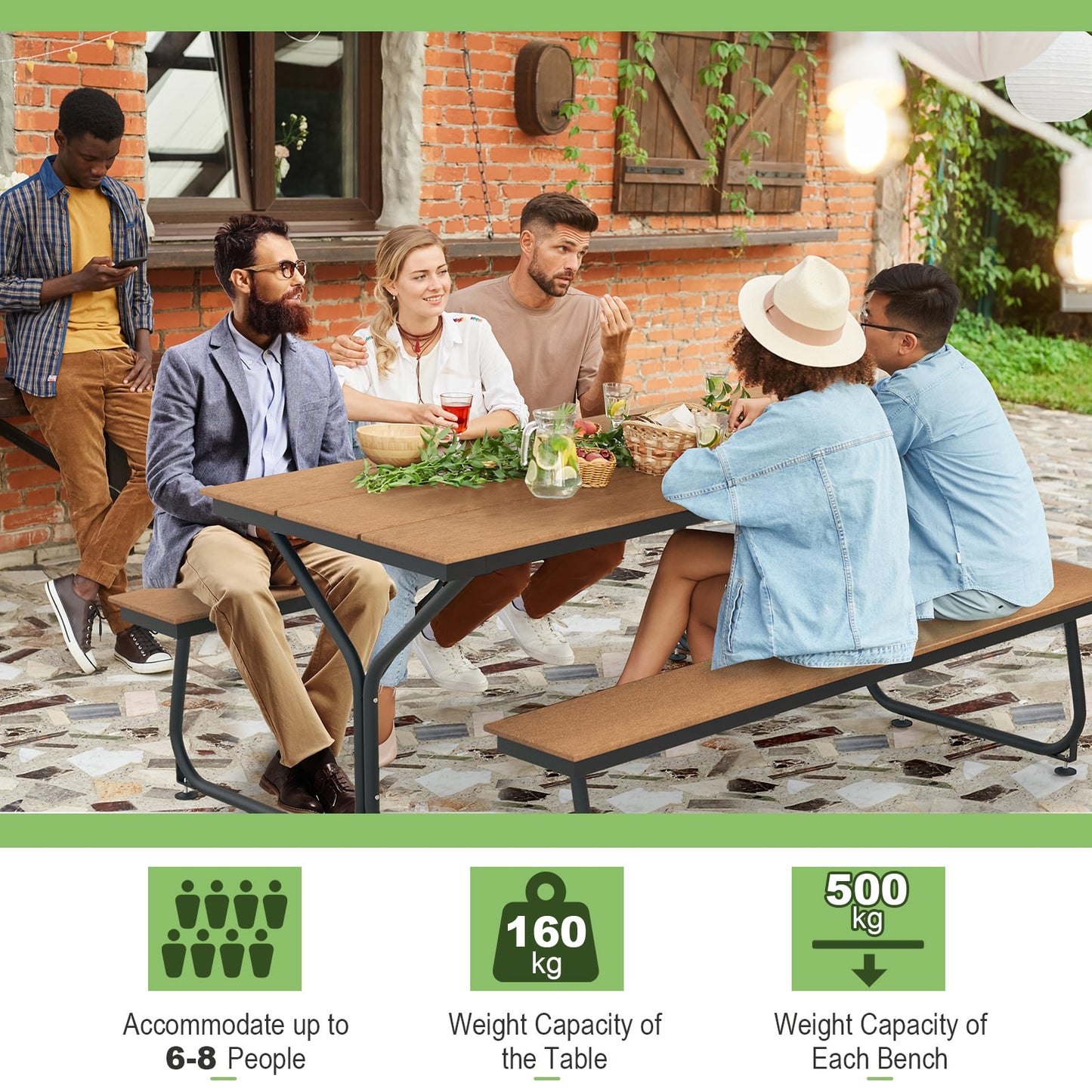 Outdoor Picnic Table Bench Set for 6-8 People-Brown