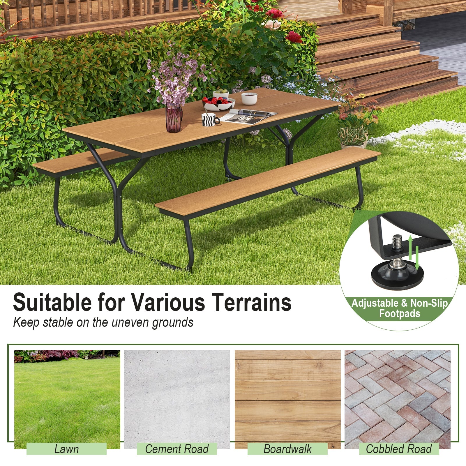 Outdoor Picnic Table Bench Set for 6-8 People-Brown